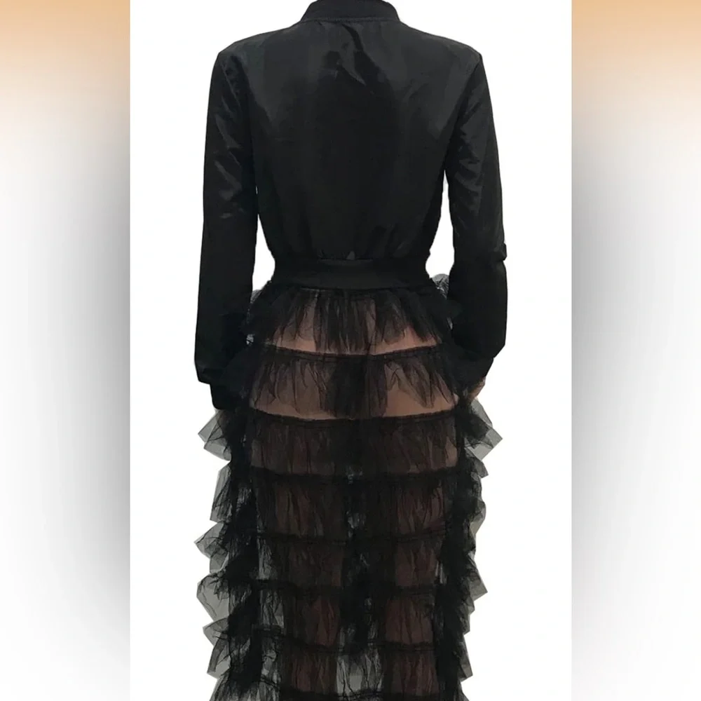 Zip up Long Bomber Jacket Tiered Mesh Black Tulle Layered Dress - Picture 6 of 10